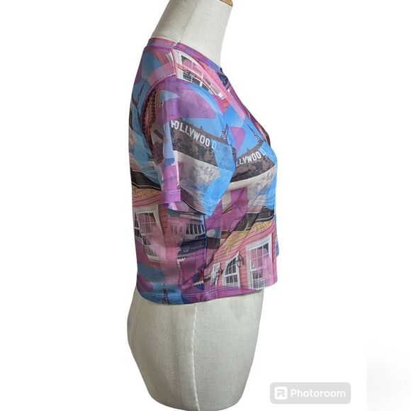 Primark Cropped Mesh Pink & Blue Hollywood Top Shirt - Picture 3 of 7